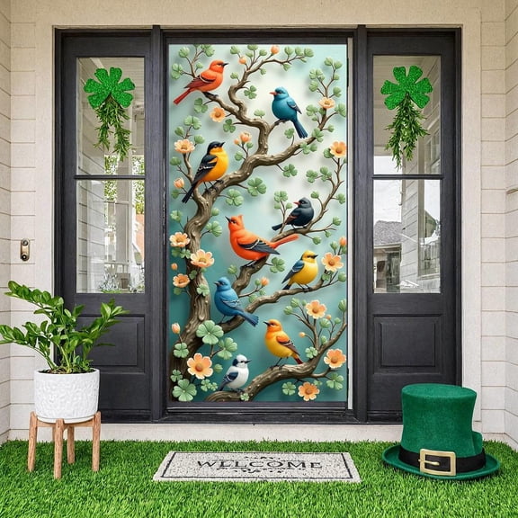 Colorful Birds Bird Banner Floral Design Nature Display Tree Branches Green Leaves Garden Background for Home Decoration Party Backdrop Photography Background