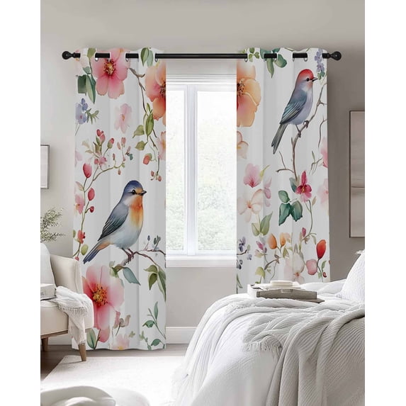 Colorful Birds Blackout Curtains 2 Panels and Pink Flowers Leaf Plants ...