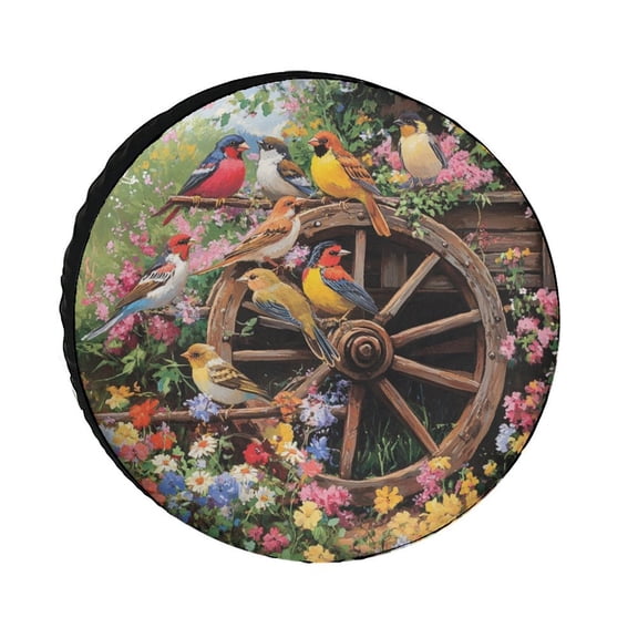 Colorful Birds with Blooming Flowers Camper Spare Tire Cover Spring Vintage Flower Waterproof Polyester Wheel Protectors Wheel Covers Universal Fit for Trailer SUV Truck Camper Travel Trailer 12inch
