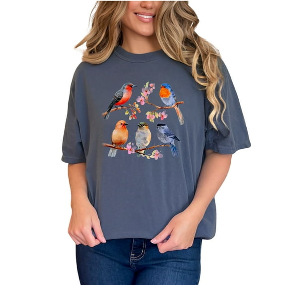 Colorful Birds and Blossoms Graphic Tee, Nature Themed Shirt, Bird Lover Gift, Spring Fashion T-Shirt, Vintage Style Bird Print Top, Denim Comfort Colors T-Shirt, Small