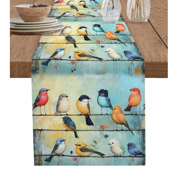 Colorful Birds Burlap Cotton Table Runner 13x36 Inches Short, Modern Oil Painting Art Spring Farmhouse Table Runners, Outdoor Dining Tablecloths Decor for Baby Shower/Party/Wedding