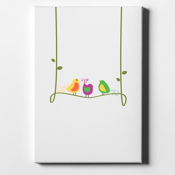 Colorful Birds Cartoon on a Vine - 11" x 14" - Decorative Canvas Wall Art - White Edge - 5/8" Gallery Wrapped