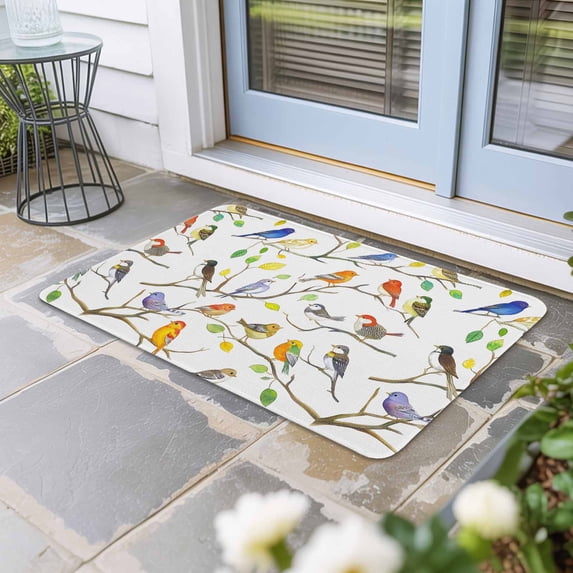 Colorful Birds Door Mat Indoor Outdoor, Branch Animal Spring Branch Leaf Summer Non Slip Welcome Mat with Rubber Backing, Absorbent Fabric Front Door Mats Entryway Rug for Home Patio Entrance 24"x36"
