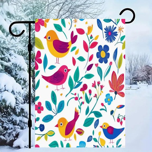Colorful Birds Floral Garden Flags 12x18 Inch,Small Burlap Holiday Farmhouse Rustic Garden Flag,Winter Decorations Outdoor Yard Lawn Porch Flags