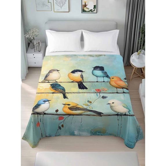 Colorful Birds Full Size Flat Sheet, Wrinkleproof & Fadeproof Cooling Flat Bed Sheet Only, Modern Oil Painting Art Spring Breathable Soft Bedding Top Sheets 81 x 96 Inches