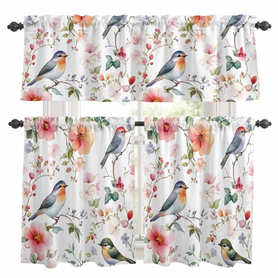 Colorful Birds Kitchen Curtains Sets for Windows 24 Inch Length, Spring Garden Tree Branch Floral Rod Pocket Window Treatments Tier Curtains and Valances Set for Bedroom/Bathroom