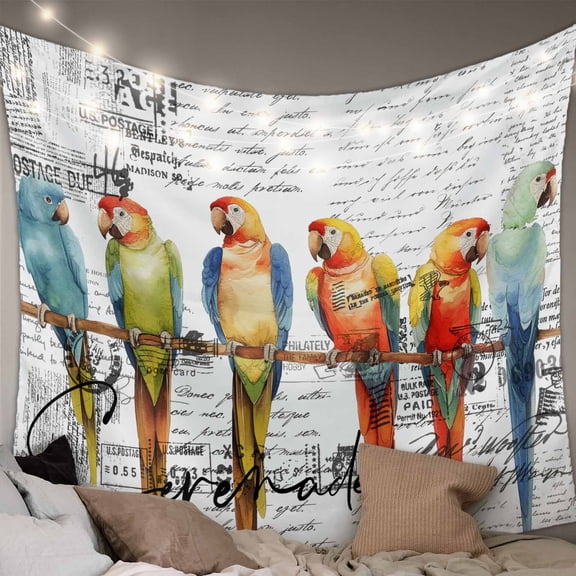 Colorful Birds Large Tapestry for Bedroom Wall Hanging Tapestry, Vintage Rustic Envelope Postmark Ceiling Backdrop Tapestries Poster Blanket Wall Decor for Teens Room Living Room Dorm 100" x 59"