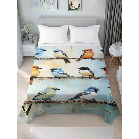 Colorful Birds Oil Painting Queen Size Flat Sheet, Wrinkleproof & Fadeproof Cooling Flat Bed Sheet Only, Retro Spring Birds Animals Breathable Soft Bedding Top Sheets 90 x 102 Inches