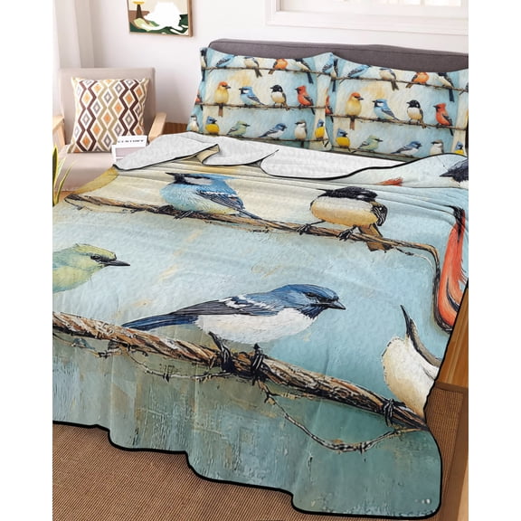 Colorful Birds Oil Painting Twin Size Down Alternative Comforter, Lightweight Comforter Quilt Bedding Set with Pillow Shams Retro Spring Birds Animals All Seasons Bed Comforter Duvet Insert 68"x86"