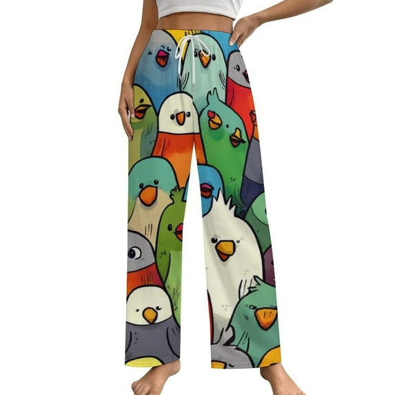 Colorful Birds Pattern Pajamas For Women Loose Retro Night Pajama Pants Comfortable Sleepwear Bottoms Homewear