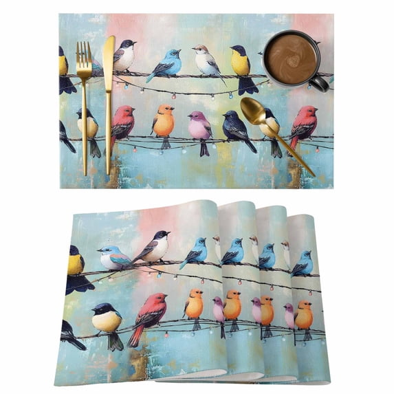 Colorful Birds Placemats Set of 4 Modern Oil Painting Art Place Mats Indoor Wipeable Table Mats Washable Cloth Dining Table Placemats for Kitchen Holiday Party Home Decor 13x19 Inch