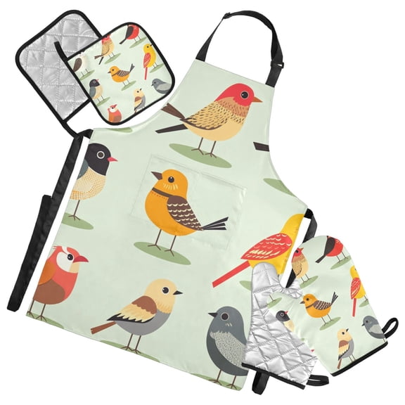 Colorful Birds Print Oven Mitts and Pot Holders with Chef Apron Set 5 Pcs Kitchen Cooking Set
