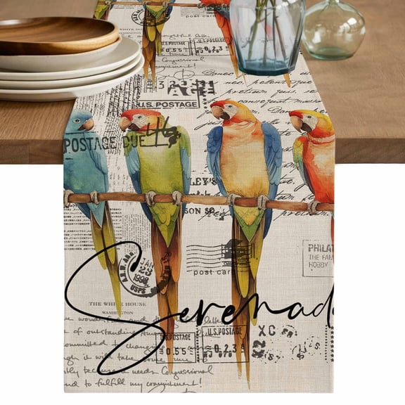 Colorful Birds Short Table Runner 36 Inches Long,Vintage Farmhouse Envelope Postmark Cotton Linen Table Runners Dresser Scarves,Fabric Tabletop Scarf Furniture Cover for Home Dinner Party 13"x36"