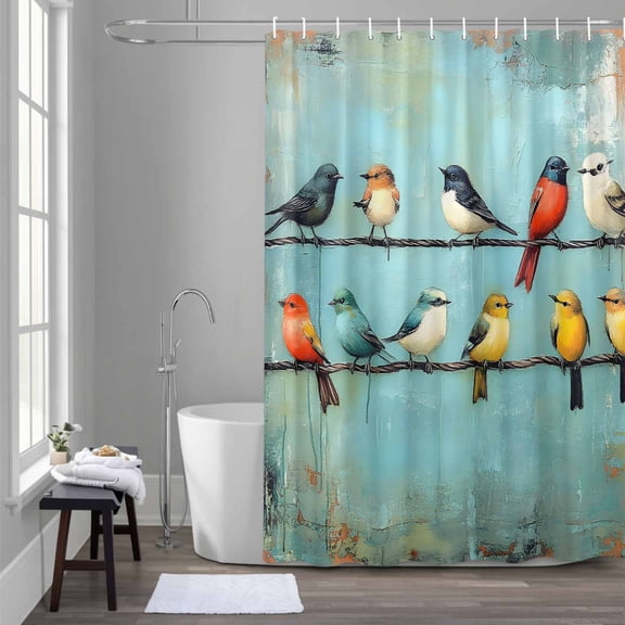 Colorful Birds Shower Curtain for Bathroom Decor, Spring Red Yellow Animal Branch Hand-painted Style Waterproof Fabric Shower Curtain, 60"x72" Set with 12 Hooks