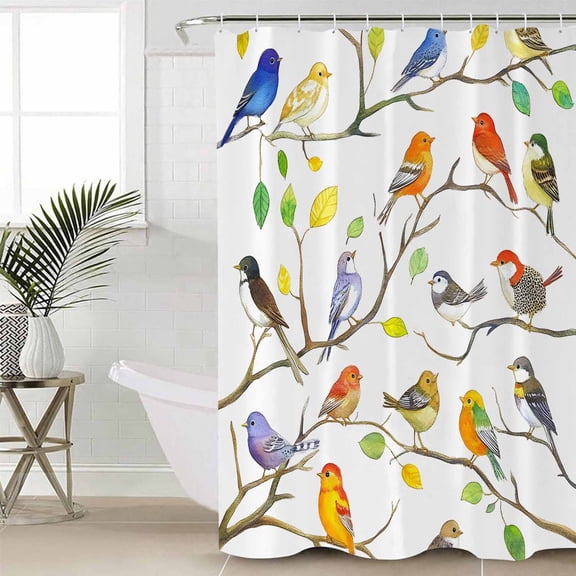 Colorful Birds Shower Curtain Set, Waterproof Shower Curtains for Bathroom, Branch Animal Spring Branch Leaf Summer Washable Fabric Cloth Bath Curtain for Bathtub Decoration with Hooks 66x72 Inches