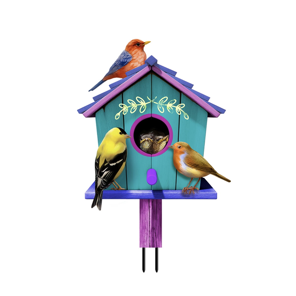 Colorful Spring Birdhouse Metal Art with Birds