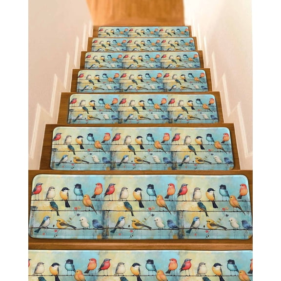 Colorful Birds Stair Treads for Wooden Steps Indoor Runner Rug Carpet, Modern Oil Painting Art Spring 10 Pieces Peel and Stick Staircase Step Treads Covers Washable Throw Door Mats, 30"x8"