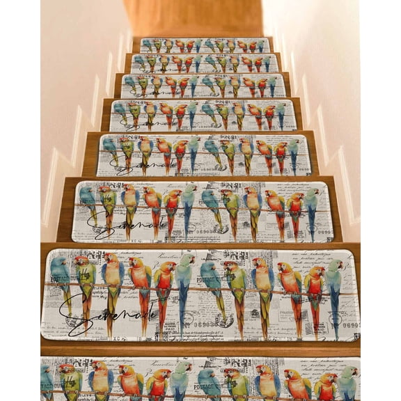 Colorful Birds Stair Treads for Wooden Steps Indoor Runner Rug Carpet, Vintage Farmhouse Envelope Postmark 7 Pieces Peel and Stick Staircase Step Treads Covers Washable Throw Door Mats, 30"x8"