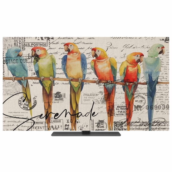 Colorful Birds TV Dust Cover,Stretchable TV Screen Desktop Computer Protector Cover,Vintage Farmhouse Envelope Postmark Television Dustproof Slipcover for 19–24 Inch Flat or Curved TVs