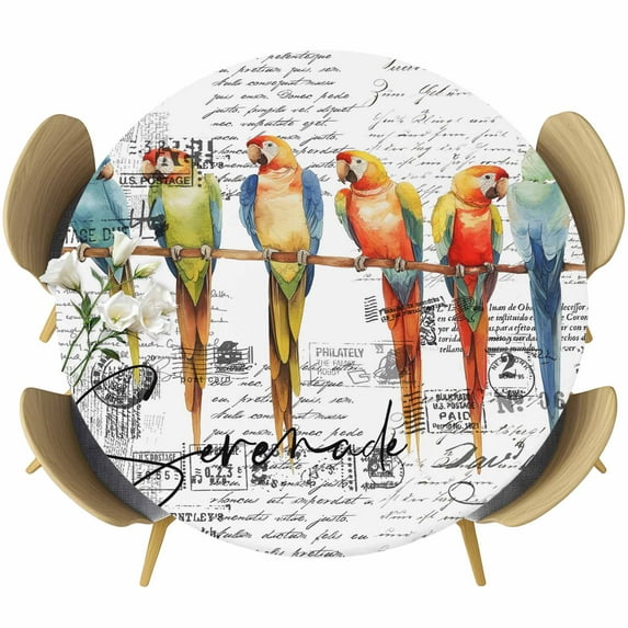 Colorful Birds Table Cloth, Round Fitted Tablecloths with Elastic Edge, Vintage Rustic Envelope Postmark Wipeable Waterproof Table Cover for Kitchen Wedding 45-54 Inches