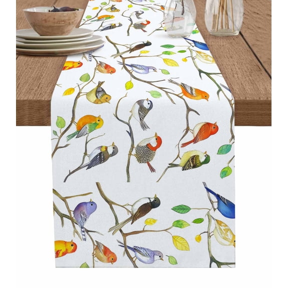 Colorful Birds Table Runner 36 Inches, Branch Animal Spring Branch Leaf Summer Bed Runner Dresser Scarves Tabletop for Indoor Outdoor Parties/Ceremony/Banquet, 13"x 36"