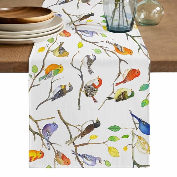 Colorful Birds Table Runner, Branch Animal Spring Branch Leaf Summer Washable Cotton Linen Table Runners 48 Inches Long, Dresser Scarf Runner for Nightstand/Coffee/End Tables 13''x48''