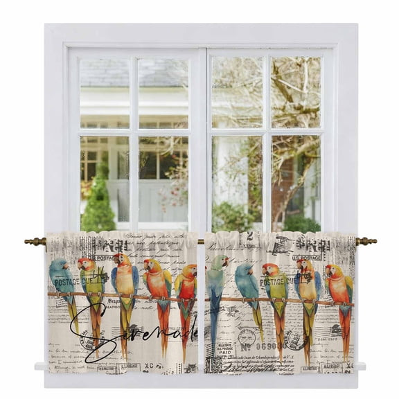 Colorful Birds Tier Curtains, Vintage Farmhouse Envelope Postmark Light Filtering Kitchen Curtains, 2Pcs Rod Pocket Half Window Treatments Panels for Sink Cafe Cabinet Camper 27.5x36 Inches