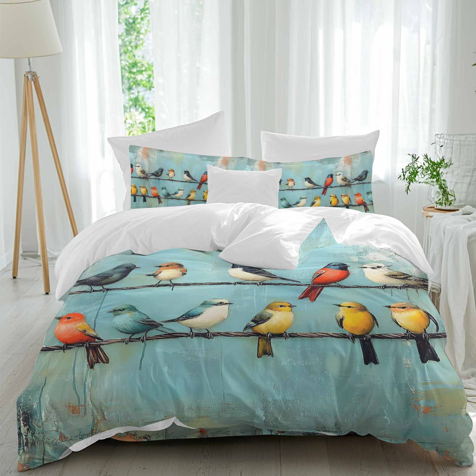Colorful Birds Twin Duvet Cover Set, Spring Red Yellow Animal Branch ...