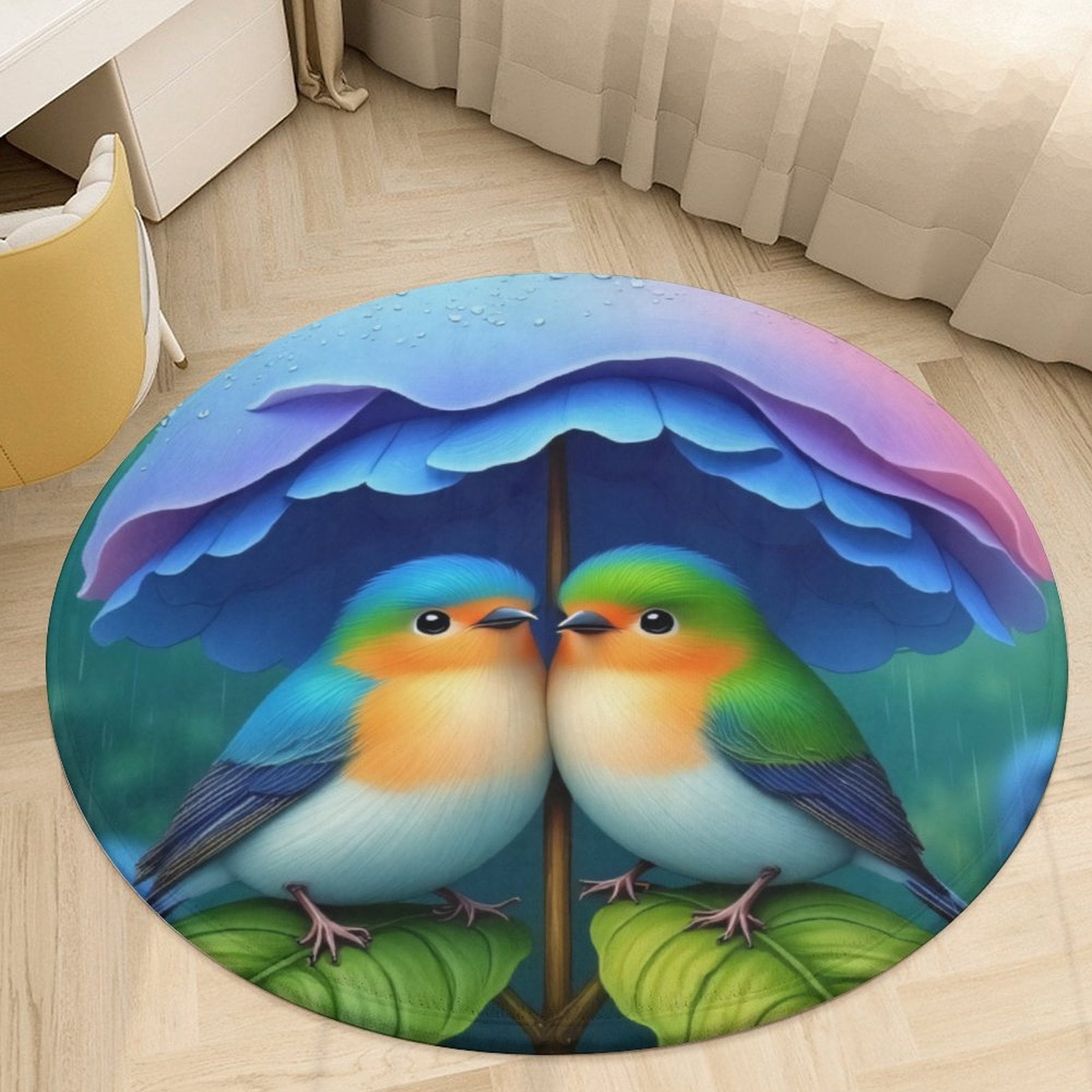 Colorful Birds Under Umbrella Round Area Rugs for Bedroom Living Room ...