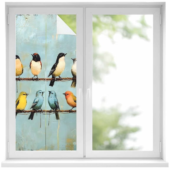 Colorful Birds Window Privacy Film, Spring Animal Modernism Painting Art Static Cling UV Sun Blocking Heat Control Window Tint Day and Night, Non-Adhesive One Way Windows Privacy Cover 17.7''x39.3''