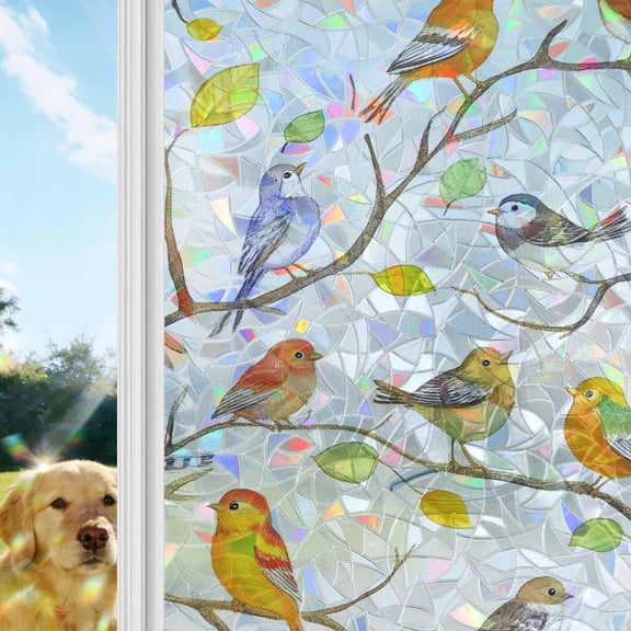 Colorful Birds Window Privacy Film Stain Glass,Reusable Decorative Rainbow Window Film,Branch Animal Spring Branch Leaf Summer Static Cling Sun Blocking Stickers Decals Covers 17.7" x 39.3" (2pcs)