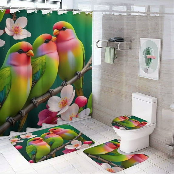 Colorful Birds on Blossom Branch Shower Curtain Set Modern Bathroom Decor Mats 4pcs Fabric Bathroom Curtain Slip Floor Rug Toilet Lid