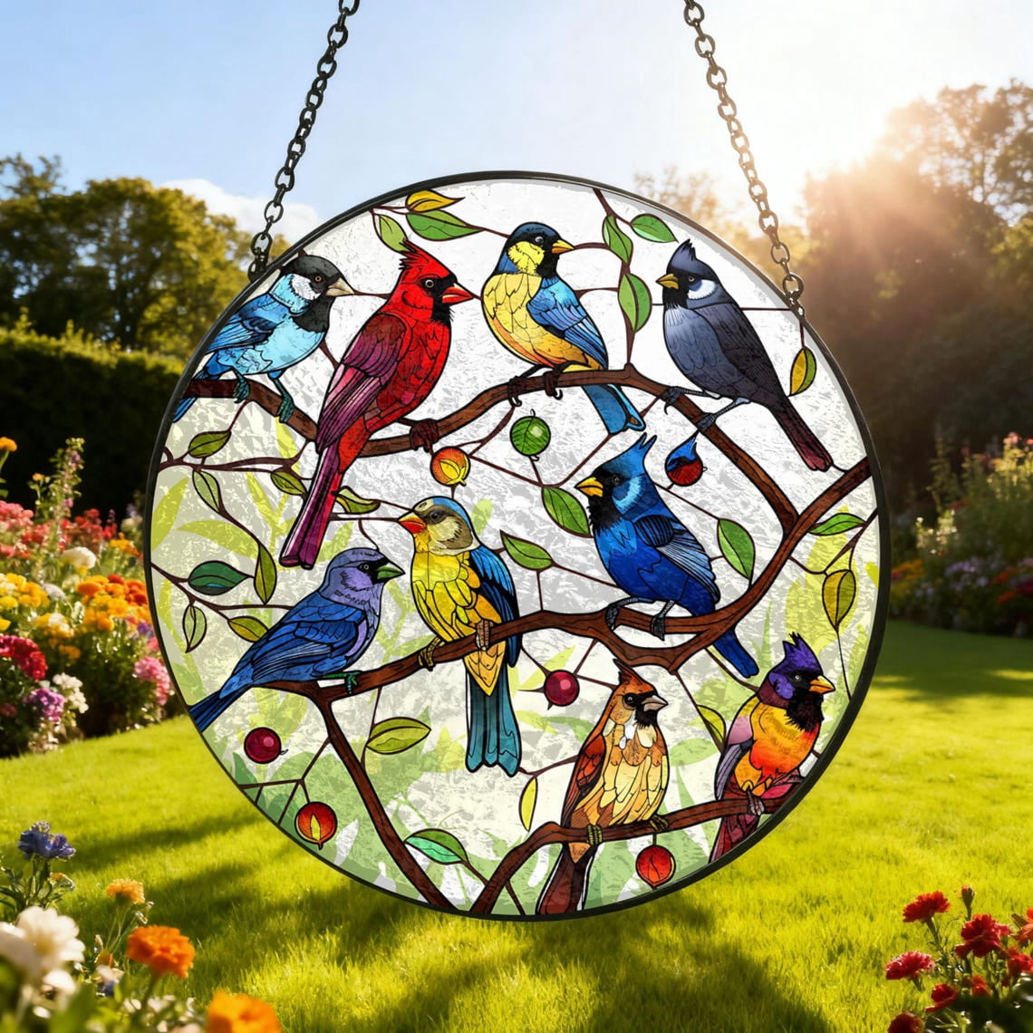 Colorful Birds on Branch Suncatcher, Glass Style Garden Songbird Window ...