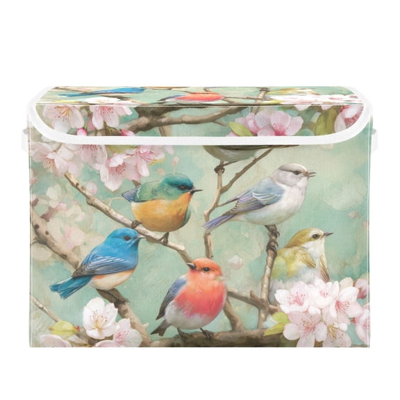 Colorful Birds on Peach Blossom Branch Foldable Storage Bins with Lids Handles Collapsible Storage Containers Tote Boxes 16.5 x 12.6 x 11.8 inches
