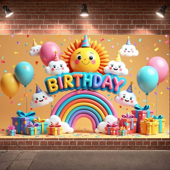 Colorful Birthday Banner Rainbow Party Backdrop Cartoon Sun Smiling Clouds Celebration Display for Birthday Party Kids Gathering Indoor Decoration
