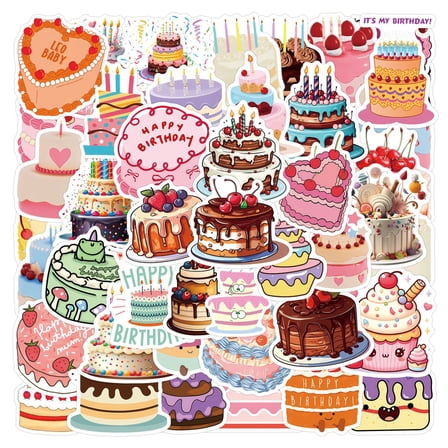 Colorful Birthday Cake Stickers Pack 50 Pcs Cute Dessert Decals for Scrapbooking, Laptops, Water Bottles, and More