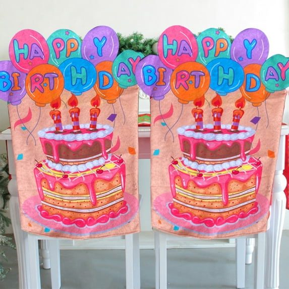 Colorful Birthday Chair Covers with Cake Pattern | Happy Birthday Seat Covers for Classroom & Dining Chairs | Pink, Purple | Washable Fabric, Party Decorations(Pink)