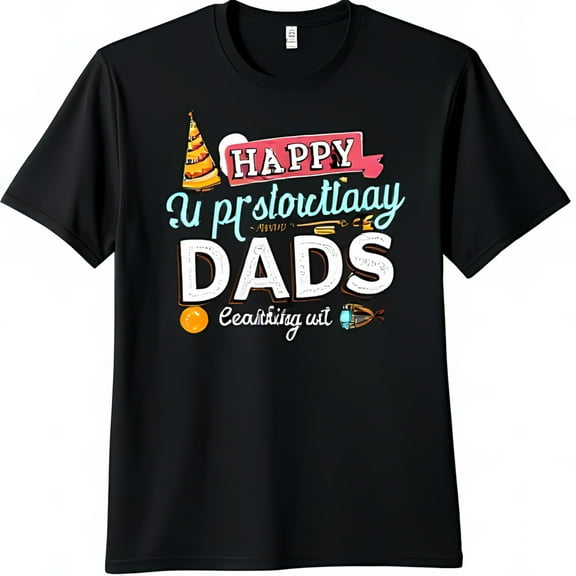 Colorful Birthday Party Graphic Black T-Shirt with Cake & Party Hat Design