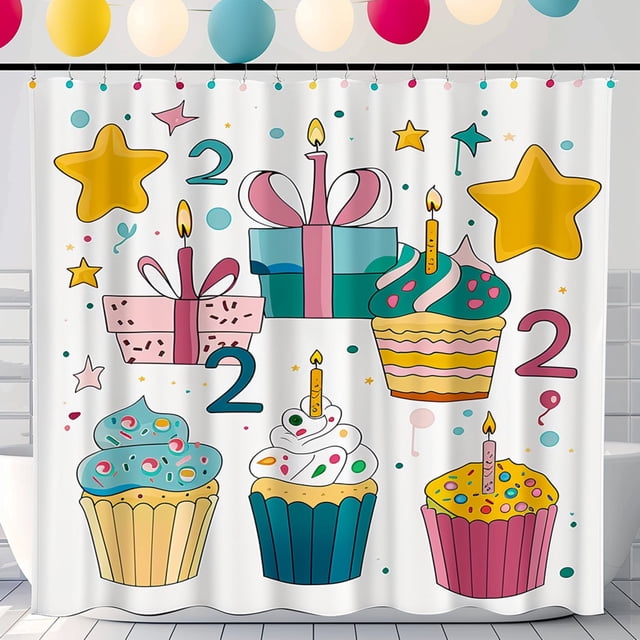 Colorful Birthday Theme Shower Curtain with Gift Boxes Cupcakes and