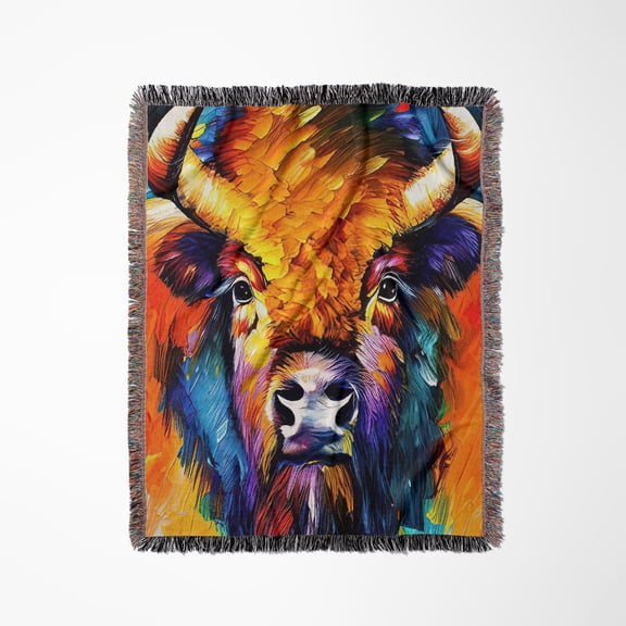 Colorful Bison Wild Buffalo Animal Portrait. Orange And Purple Colors, Woven Blanket