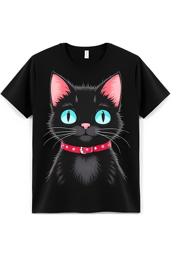 Colorful Black Cat Graphic T-Shirt with Blue Eyes & Red Collar Short Sleeve Neck Tee