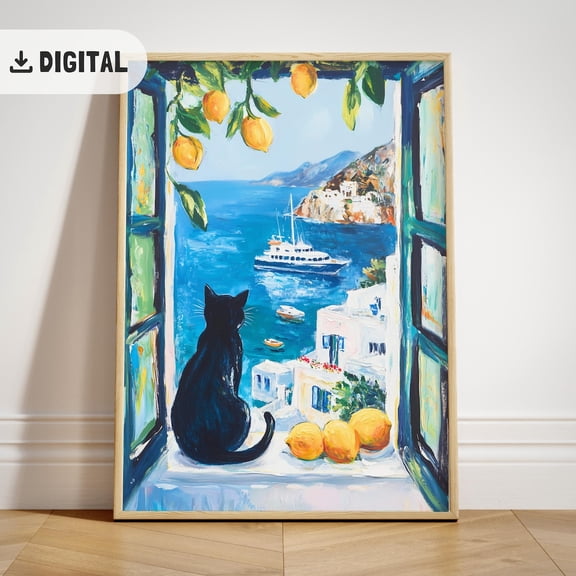 Colorful Black Cat, Mediterranean Window View Poster Art, Coastal Beach Summer Lemon Tree Wall Decor, Cat By The Sea Poster, Unframed Poster Size 8x12