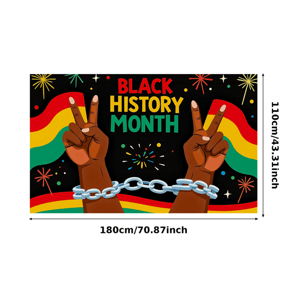Colorful Black History Month Themed Banner with Raised Fist and Cuffed Hands Elements Background Backdrop for Celebrations Events Party Decorations Community Gatherings Educational Programs