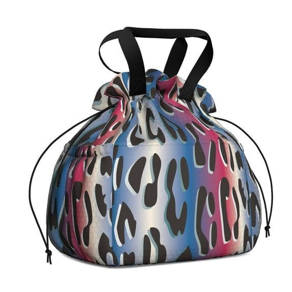 Colorful and Black Of Leopard Print Drawstring Lunch Bag Women - Drawstring Lunch Bag Insulated for Work Office - Stain-Resistant Large Lunchbags for Women with Multi-Pockets