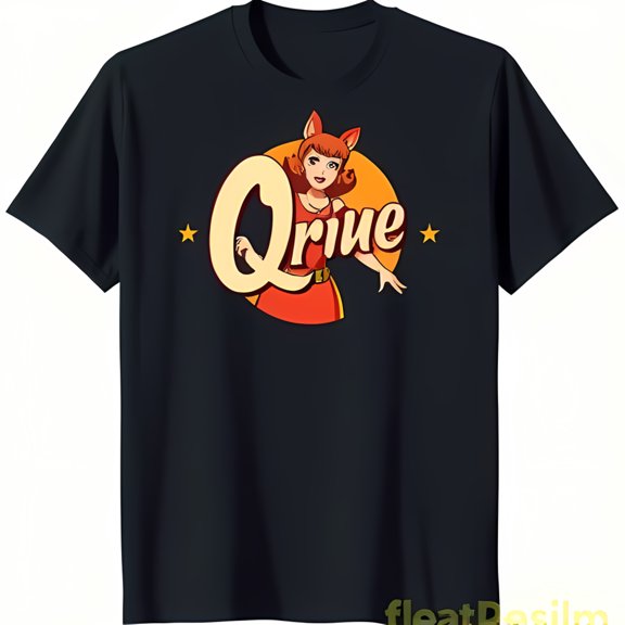 Colorful Black T-Shirt with Red Haired Woman Fox Tail & Vintage 'Qriue' Graphic