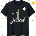 thumbnail image 1 of Colorful Black T-Shirt with Stars & 'Jenteal' Cursive Design, 1 of 5