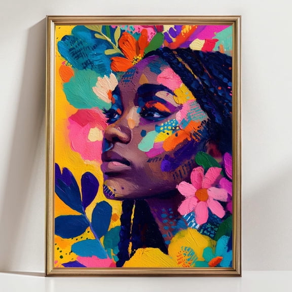 Colorful Black Woman Portrait Vibrant Floral Afrocentric Bold Modern Abstract, Stretched Canvas 16x20in