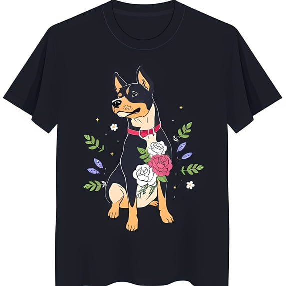 Colorful Black and Tan Dog Illustration T-Shirt Floppy Eared Pup Surrounded by Flowers Short Sleeve Neck Tee