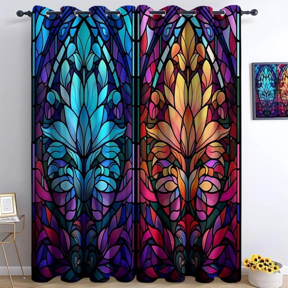 Colorful Blackout Thermal Insulated Curtains for Bedroom, Dreamlike Glass Symmetric Flowers Printed Design, Soft Blackout for Window Living Room Kitchen-52"W x 45"L (Pack of 2)