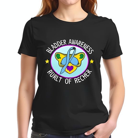 Colorful Bladder Awareness Cotton Short Sleeve T-Shirt with Blue Ribbon & Butterfly Design - Positive Message